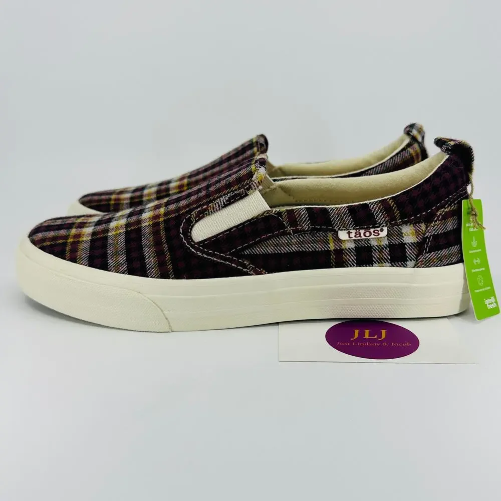 Taos Women's Rubber Soul Burgundy Plaid Canvas Slip On Comfort Sneakers Size 7.5
